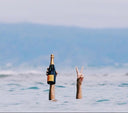 Two bottles with corks sticking out of the water against a blue sky.
